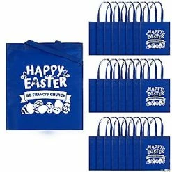 15" x 17" Personalized Blue Church Egg Hunt Large Nonwoven Tote Bags - 24 Pc.