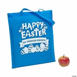 15" x 17" Personalized Light Blue Church Egg Hunt Large Tote Bags - 24 Pc.